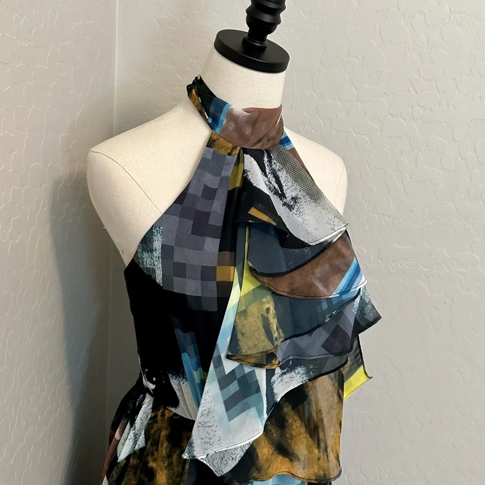NEW JOVANI SZ 2 HALTER CHIFFON ABSTRACT PRINT HIGH SLIT FORMAL EVENING GOWN - Picture 7 of 16